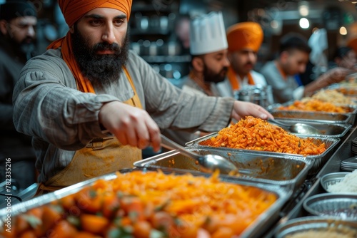 Man in turban preparing food at buffet