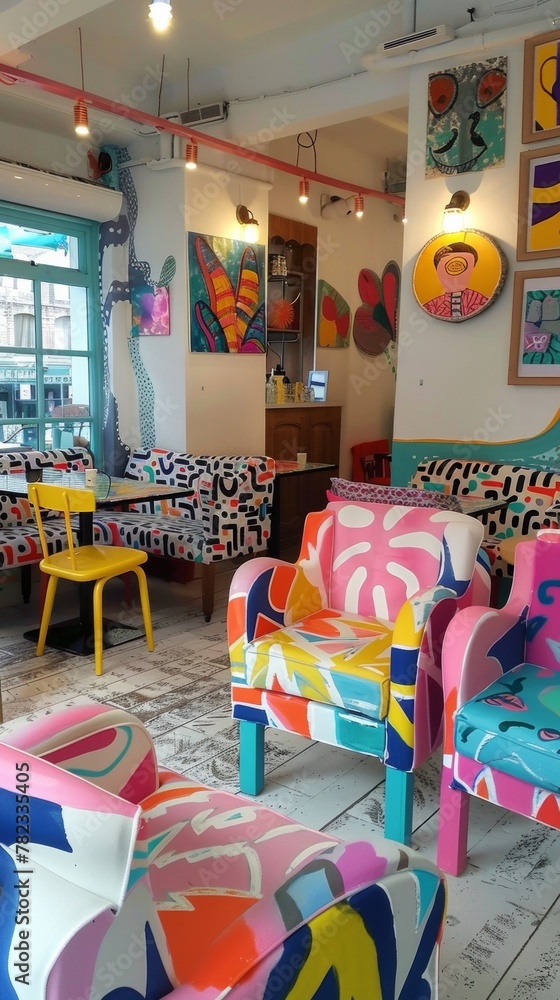 Naklejka premium Vibrantly Decorated Cafe Interior with Colorful Furniture and Art