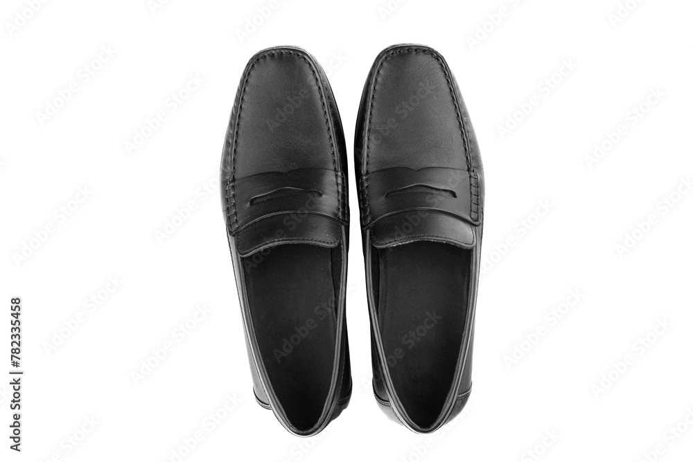 men's pair of black moccasins on isolated white background close-up men's pair of black moccasins on isolated white background close-up