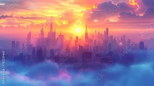  A city floating in the sky, surrounded by clouds in the foreground, and the sun descending in the background