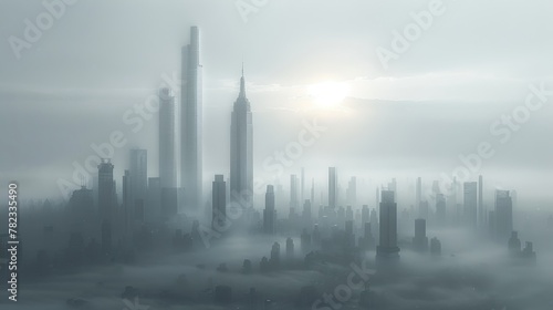   A fog-shrouded cityscape featuring foreground skyscrapers and a radiant sun at its zenith © Jevjenijs