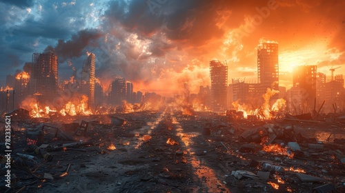   A massive metropolis featuring a significant blaze engulfing the center of a street  with structures lined up on the opposing side