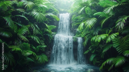   A waterfall painted in a forest s heart  surrounded by abundant green foliage