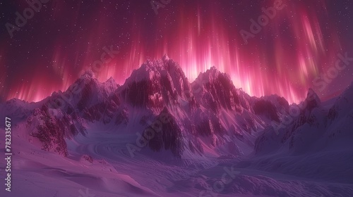   A mountain, cloaked in snow, lies beneath a violet sky Above it, the aurora dances in shades of pink and red #782335677