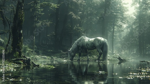   A white horse stands in a forest's heart near a foggy water body © Jevjenijs