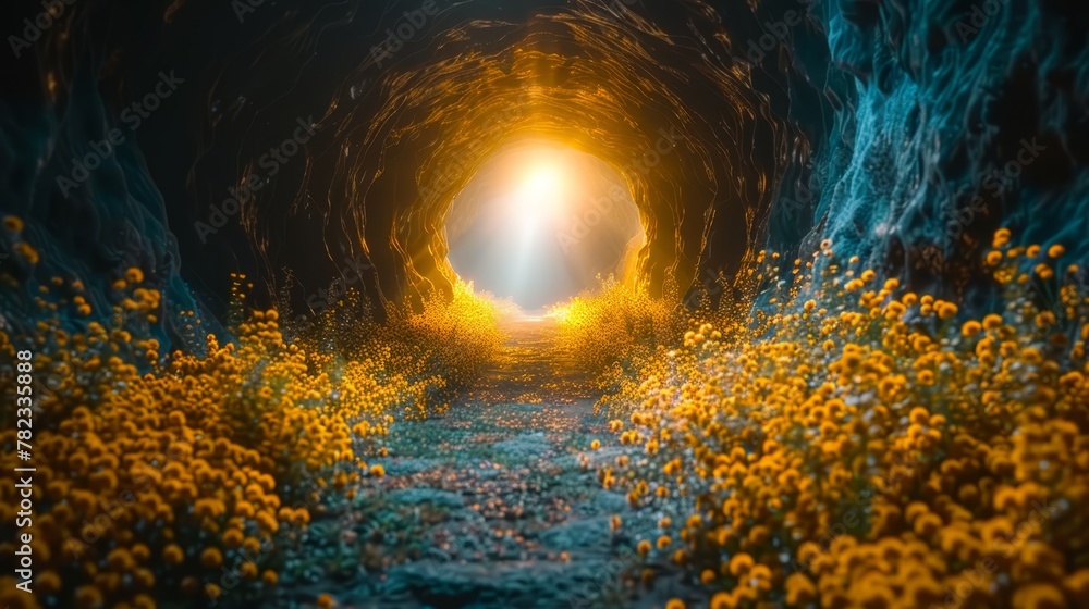   A light at the end of a tunnel in a field of wildflowers – two sources of radiance
