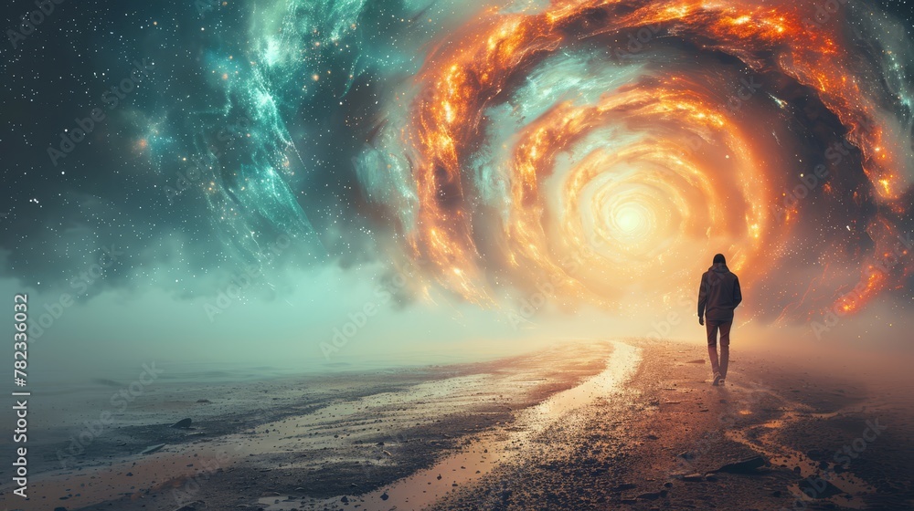   A man stands in the road gazing at a spiral of fire and stars above