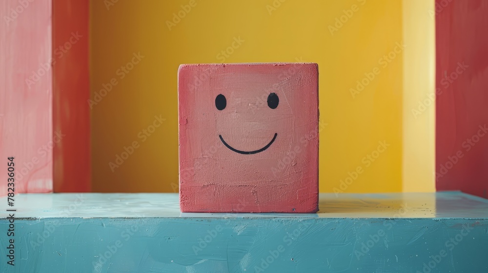   A pink block with a smiley face, painted on, sits on a shelf before a yellow-red wall