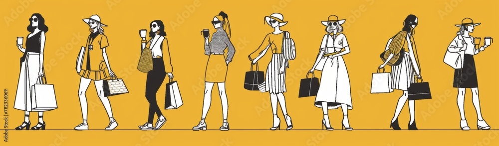 A line drawing of several women in different poses, each wearing fashionable outfits and holding shopping bags or coffee cups Generative AI A line drawing of several women in different poses, each wearing fashionable outfits and holding shopping bags or coffee cups Generative AI