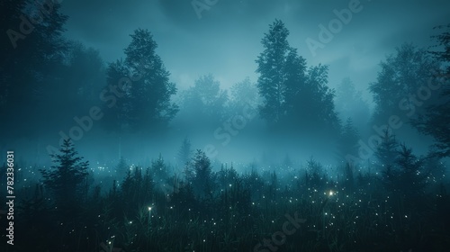   A foggy forest teeming with numerous trees, an unexpected fire hydrant stands in the forest's heart under the cover of night photo