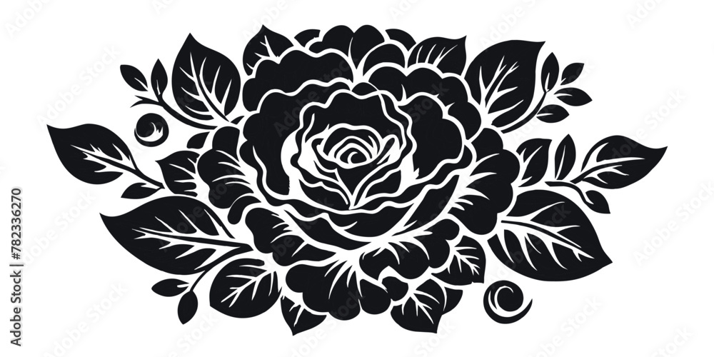 Retro old school roses for chicano tattoo outline. Monochrome line art, ink tattoo. Artistic black and white illustration of a bouquet with detailed roses and leaves