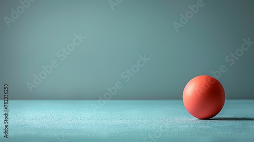  A red egg atop a blue table, near a green wall, and a gray wall in the background