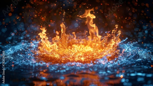   A tight shot of a fire igniting the center of a water body, where orange and blue flames surge up © Jevjenijs