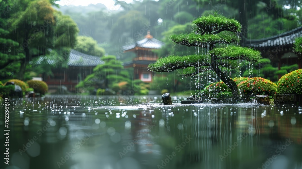   A Bonsai tree in a rain-splashed pond, reflecting; Pagoda backdrop shrouded in misty rain