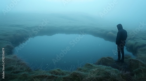  A man stands atop a grassy field near a fog-shrouded body of water