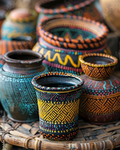 Colorful Hand-Painted Ethnic Pottery Collection on Rustic Wooden Background