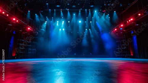 Empty Stage with Blue Lights in Theater Setting Ready for Performance