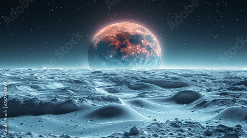   From Moon s surface  behold a planet with a radiant red star as its celestial center