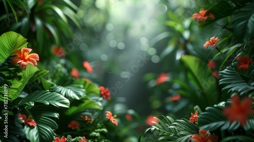   A verdant forest teems with red blooms and emerald foliage  framed by a radiant backdrop