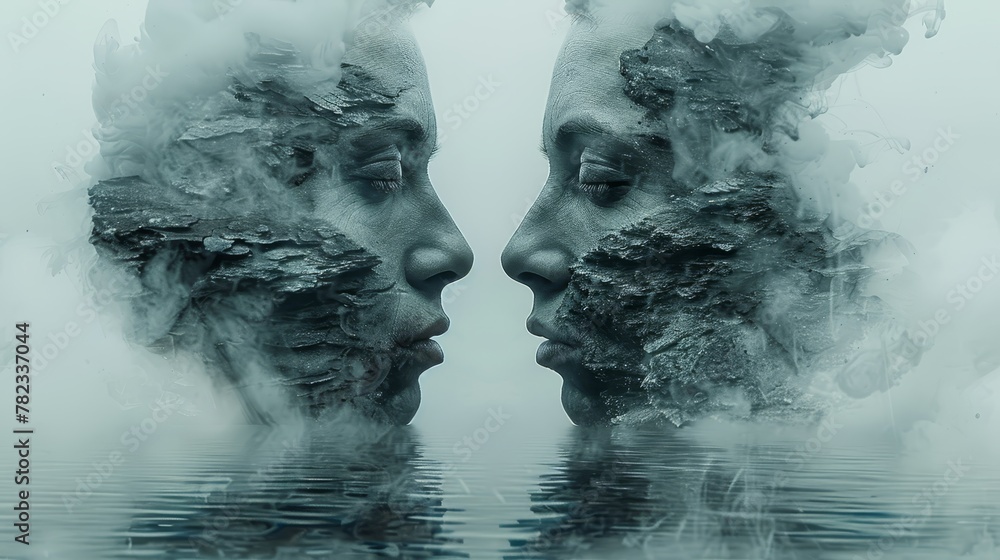   A double exposure of two faces overlapping, smoke rising from between, and a tranquil body of water in the foreground