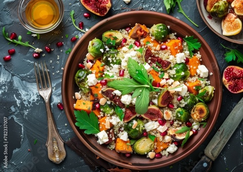 Top view of quinoa salad with baked vegetables figs feta cheese and pomegranate in autumn