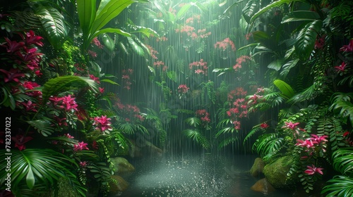   A waterfall painted amidst a dense jungle  teeming with numerous plants and blooming flowers on both sides