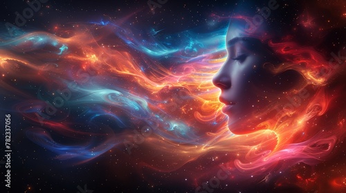  Woman's face with vibrant smoke and stars, against a backdrop of inky blackness
