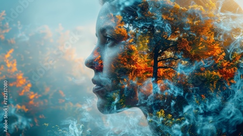  A woman's face with a tree growing from the forehead, emitting smoke