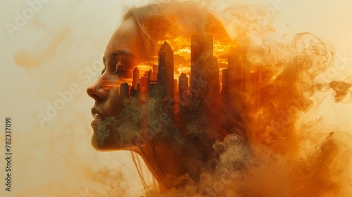  Woman's face overlooking city backdrop, smoking issuing from her visage