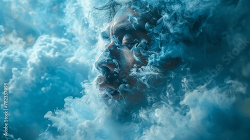  A tight shot of a face with smoke ascending from above and emerging below