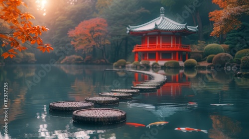   A red building with a pagoda backs a row of stepping stones overhanging a body of water photo