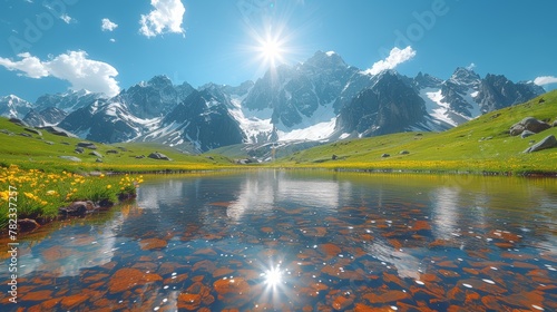  The sun brightly illuminates a mountain range with a foreground lake and wildflowers