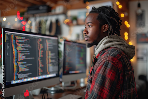 Man with dreadlocks working on computer screen