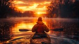 Man in kayak navigates river at sunset, surrounded by stunning natural landscape