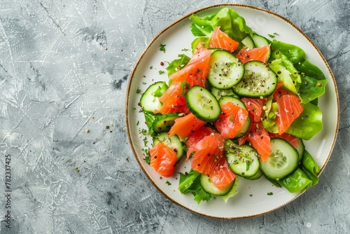 Top view of avocado salmon and cucumber salad on a white plate