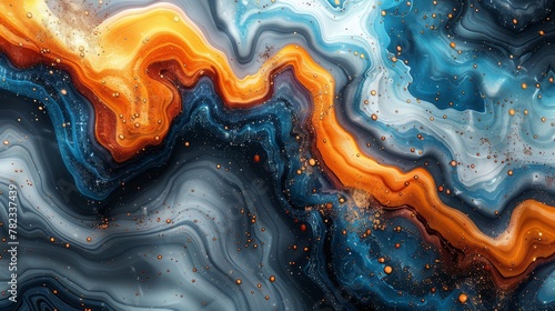  Swirling blues, oranges, and whites over a black backdrop, accented with golden sprinkles