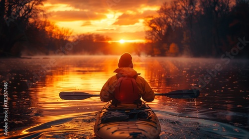 Man in kayak navigates river at sunset, surrounded by stunning natural landscape photo