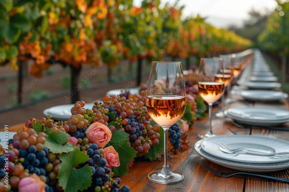 Elegant table set-up with wine glasses and plates Elegant table set-up with wine glasses and plates