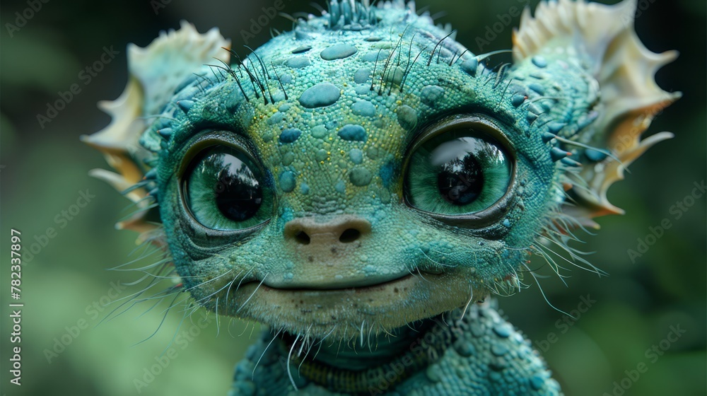   A detailed shot of a blue-green entity with expansive eyes and an peculiar expression