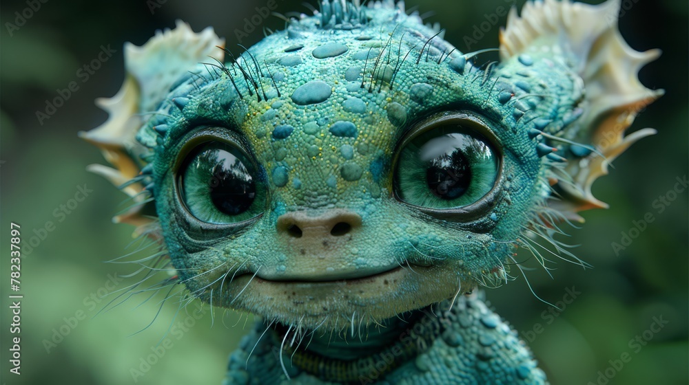 A detailed shot of a blue-green entity with expansive eyes and an peculiar expression A detailed shot of a blue-green entity with expansive eyes and an peculiar expression