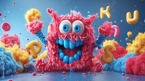   A pink and blue monster with large eyes is surrounded by colorful clouds Letters forming the word KU are spelled out above photo