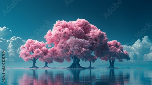  A collection of trees standing amidst a water body, surrounded by a blue sky and scattered clouds