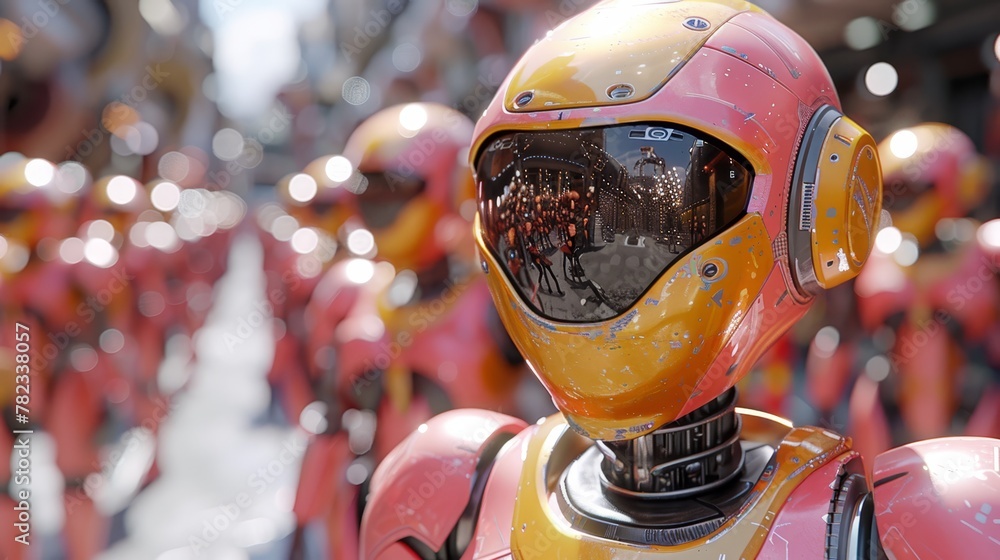 A line of people dons red and yellow suits, helmets, and goggles A line of people dons red and yellow suits, helmets, and goggles