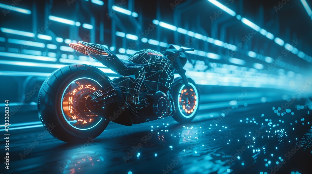 Illustration of an EV motorcycle gliding through a digital landscape powered by cutting edge blue technology Illustration of an EV motorcycle gliding through a digital landscape powered by cutting edge blue technology