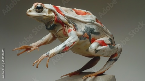  A figurine of a red-and-black spotted frog seated atop a rock