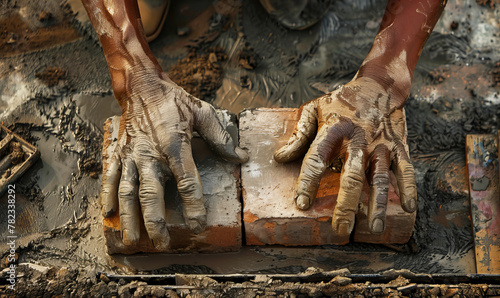 A close up of the housebuilder hands holding concrete bricks, use for the build house. photo