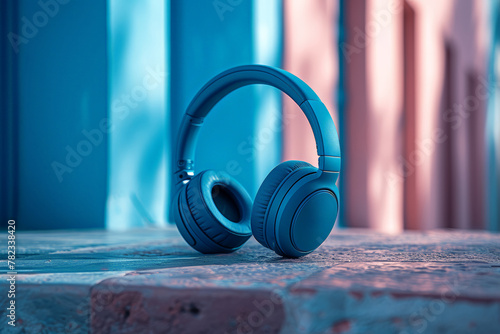 Blue headphones on ledge