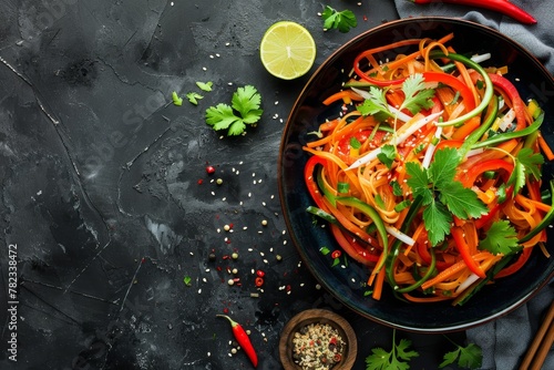 Top view of dark background Pad Thai salad with raw vegetables a healthy vegetarian option