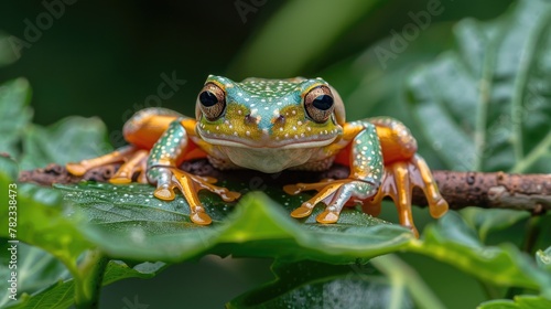 Frog sitting on green leaf