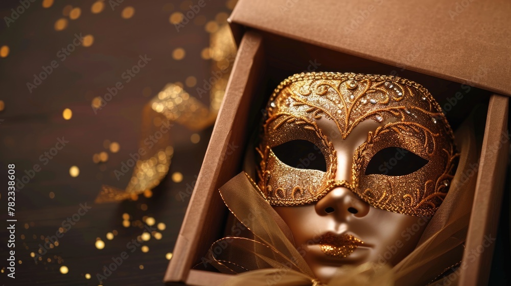 Carnival mask in a box with a bow. Carnival mask in a box with a bow.